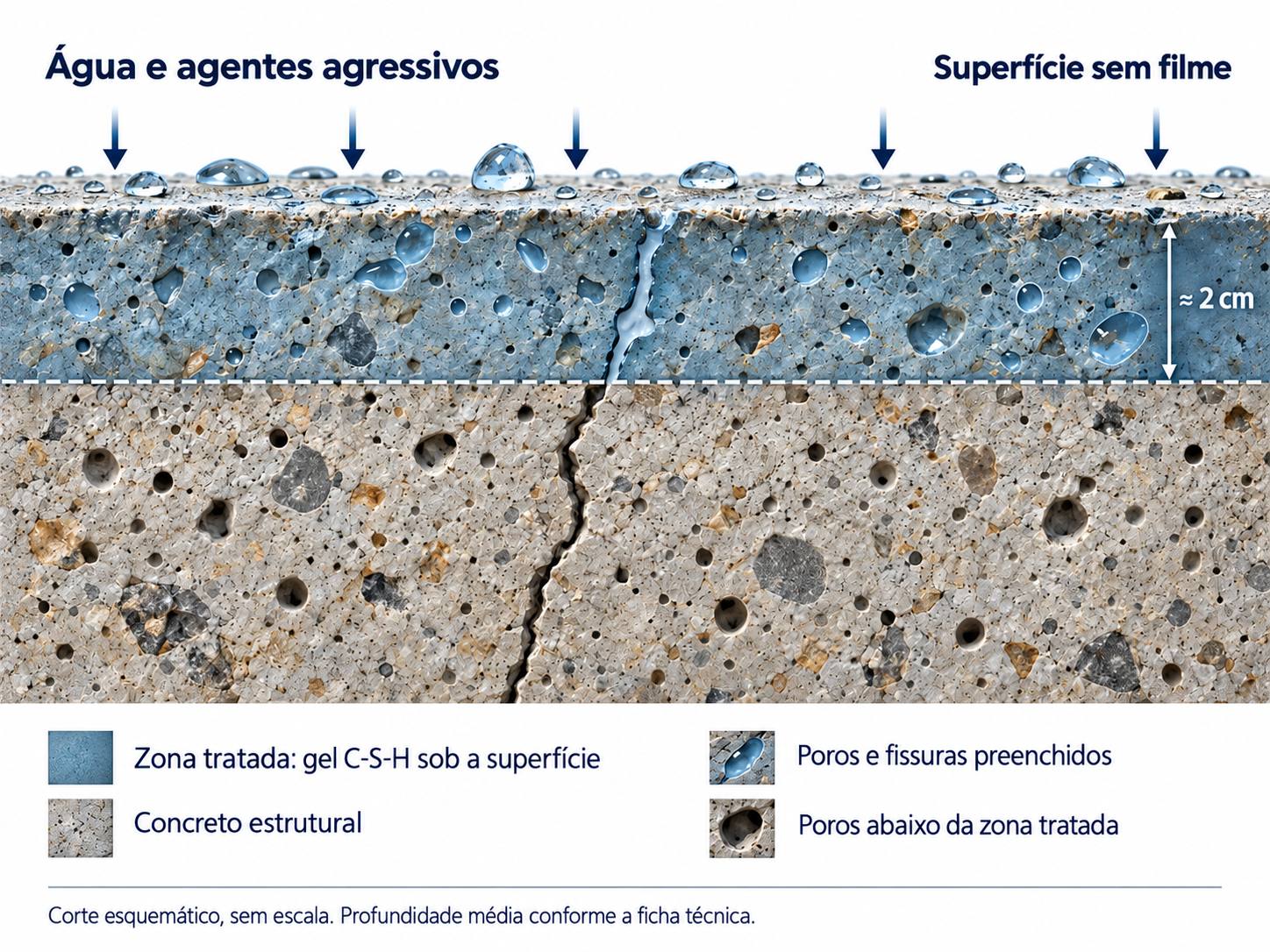 Corte esquemático do concreto tratado com TechCrete 2500: gotas de água sobre a superfície e setas indicando "Água e agentes agressivos"; rótulo "Superfície sem filme"; camada superior azulada marcada com "≈ 2 cm" e linha tracejada; uma fissura atravessa o concreto; legenda com "Zona tratada: gel C-S-H sob a superfície", "Poros e fissuras preenchidos", "Concreto estrutural" e "Poros abaixo da zona tratada"; nota "Corte esquemático, sem escala. Profundidade média conforme a ficha técnica."